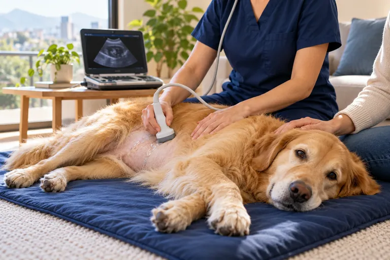 Imagen ilustrativa de ecografía abdominal a un perro en casa, con la sonda y el equipo portátil visibles